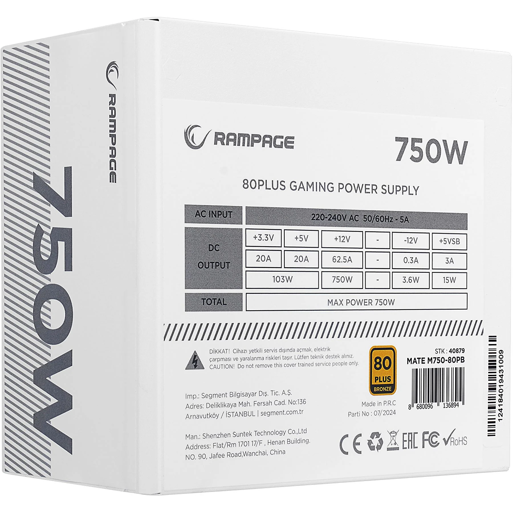 RAMPAGE Mate M750-80PB 750W 12cm Fan Full Modular 80 Plus Bronze Aktif PFC Güç Kaynağı Beyaz