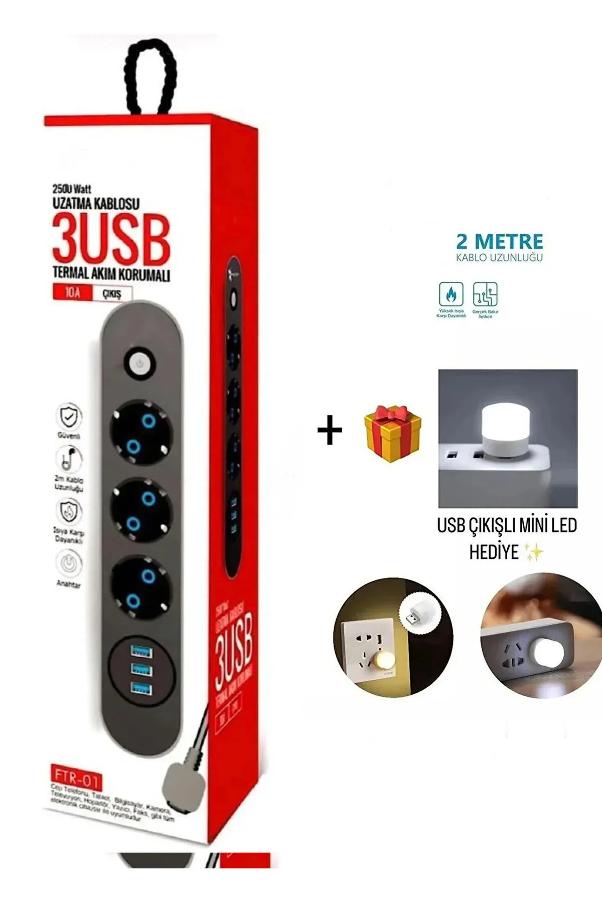 Ftr-01 Termal Akım Korumalı Priz 3x USB Akıllı 2M KABLO