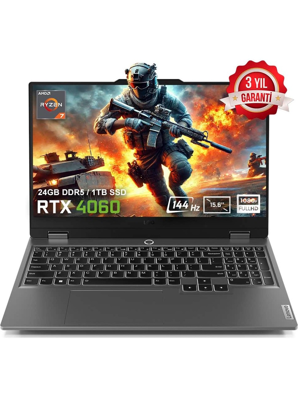 Lenovo LOQ 15ARP9 83JC00FKTRv1 AMD Ryzen 7-7435HS 12GB DDR5 512GB SSD RTX4060 8GB 15.6 inç 144Hz Full HD FreeDos gaming